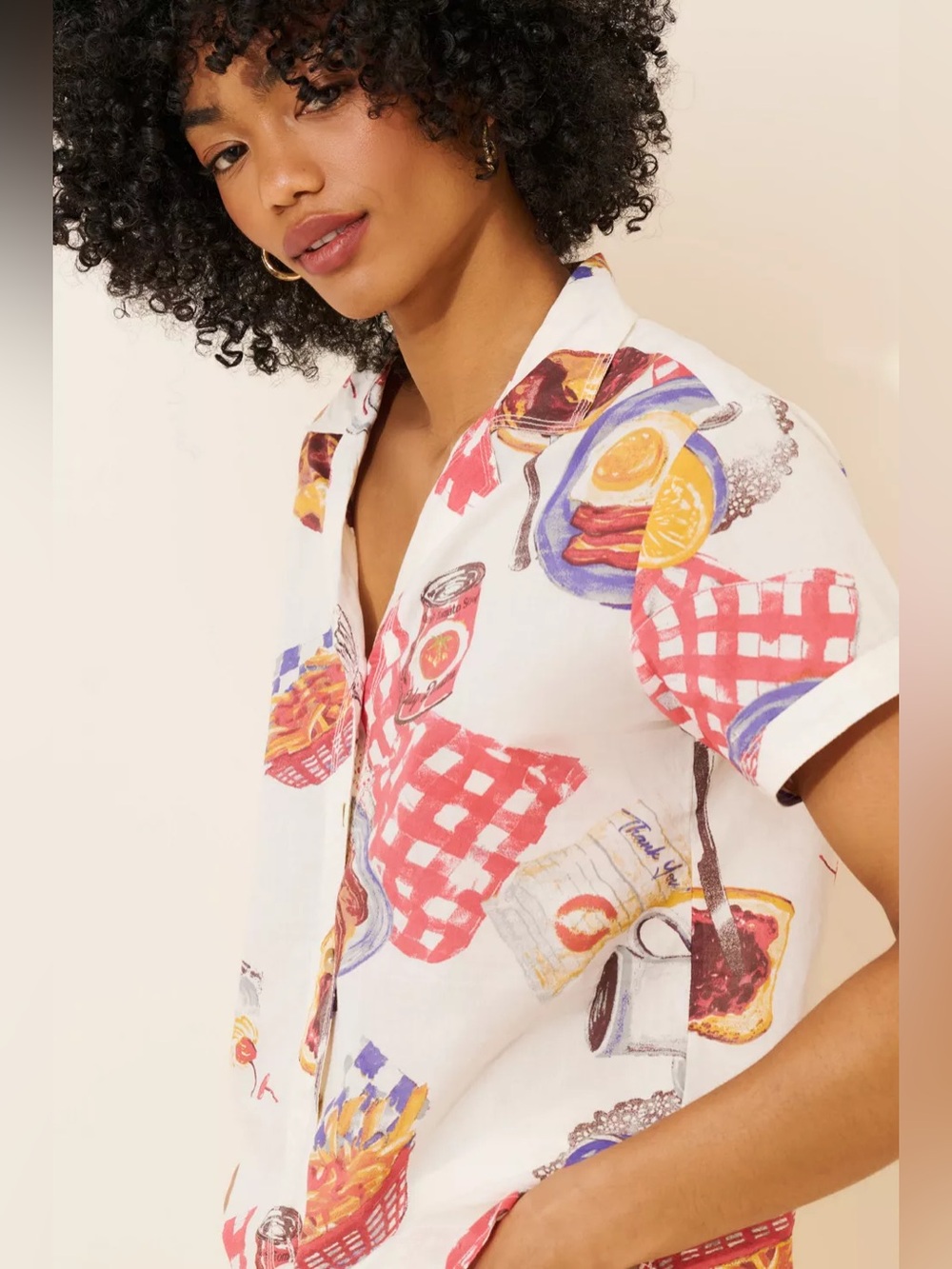 BDG White Short Sleeve Button-Up Shirt with Red & Yellow Picnic Print